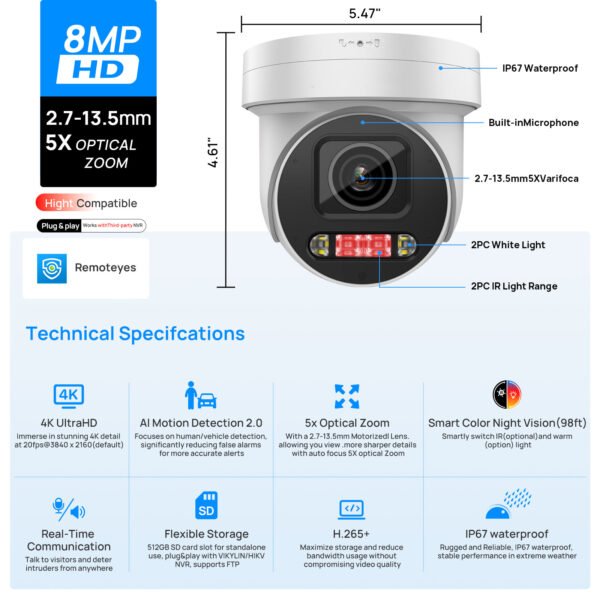 Outdoor 4K PTZ 8MP Full Color POE Camera - Image 10